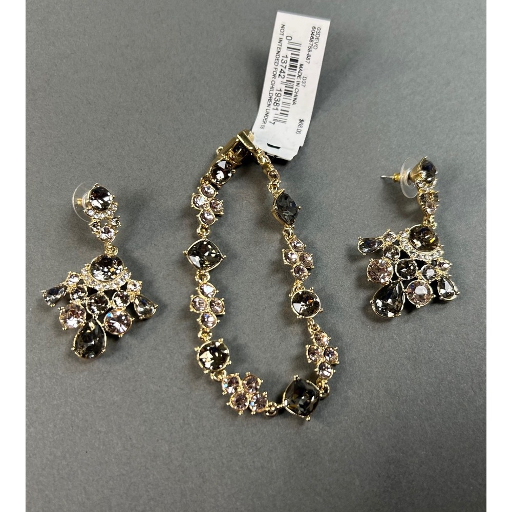 Givenchy Gold Tone Crystal Bracelet and Chandelier Drop Earrings Jewelry Set‎